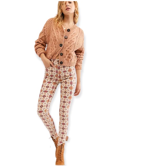 Free People Denim - Free People Cream & Rust Patterned High-Rise Jeggings